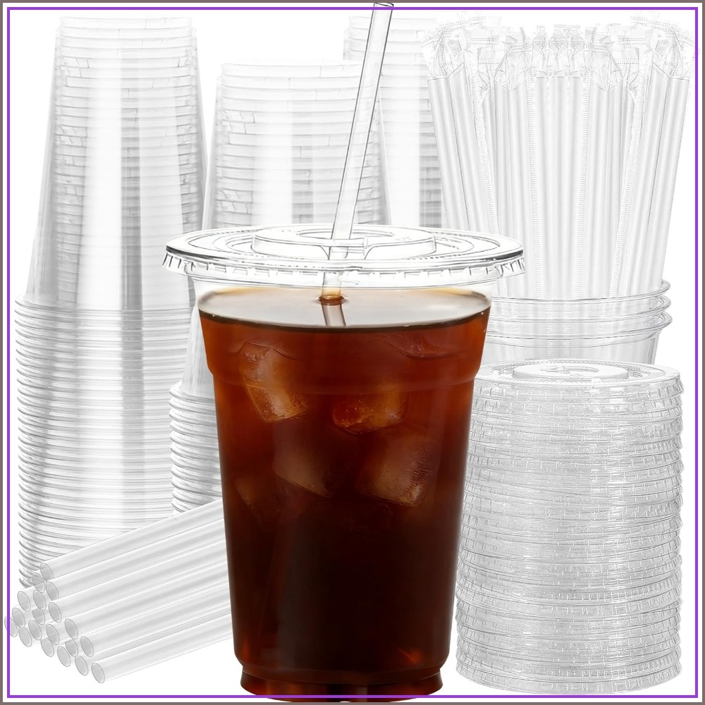 Coffee Tea Images - 50個入り 16オンス使い捨てカップ 蓋とストロー付き - BPAフリー、漏れ防止、アイスコーヒー、バブルティー、パーティーに最適