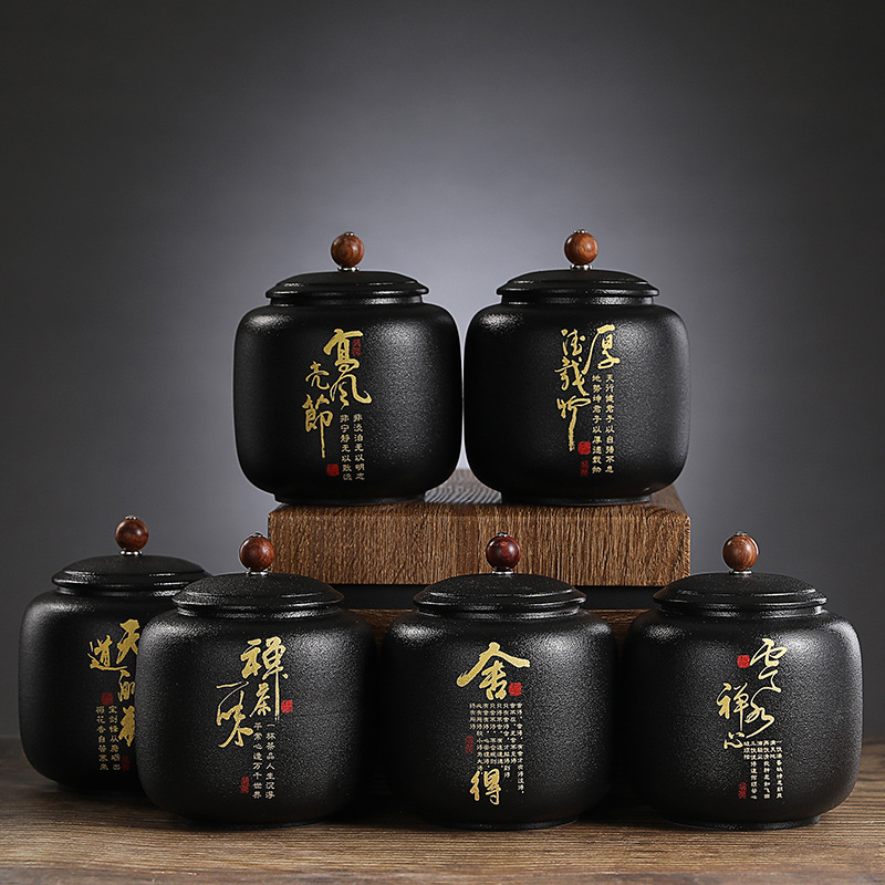 Coffee Tea Font - ブラックセラミック密封茶缶金色フォント磁器保存瓶タイ家庭用キャンディコーヒー豆密封瓶保存容器缶