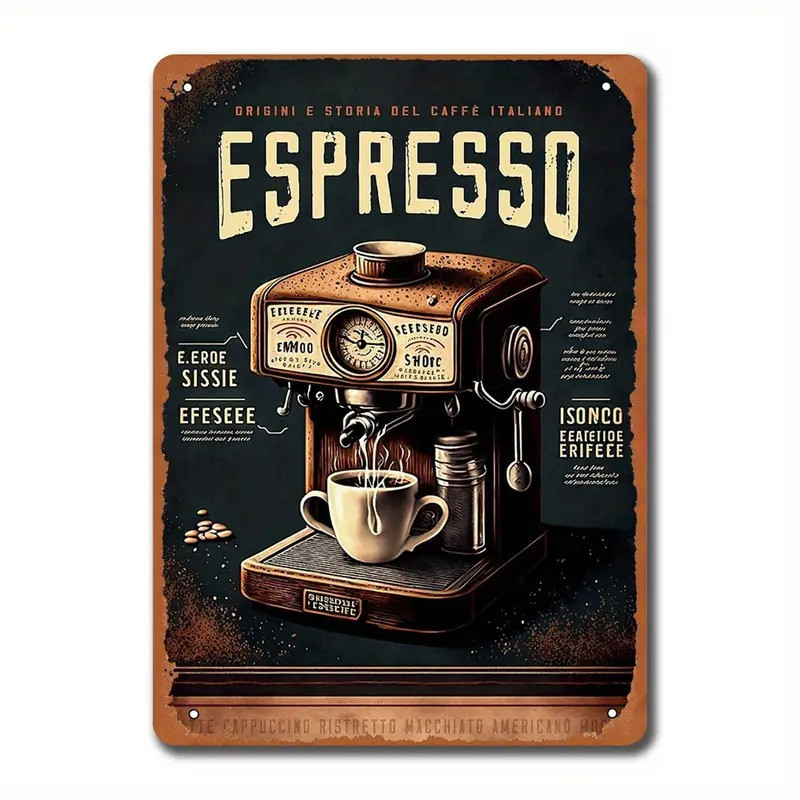 Coffee Tea Drinks - レトロな金属製サイン - 「イタリアンエスプレッソコーヒーマシン」ヴィンテージコーヒーバー装飾 - コーヒー愛好家のための感動的なブリキサイン -
