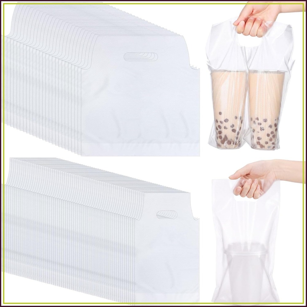 Coffee Tea Images - 200枚入り透明プラスチックカップキャリアバッグ、1～2カップ用ハンドル付き、使い捨てドリンクホルダー、コーヒー、紅茶、テイクアウト、パーティー用