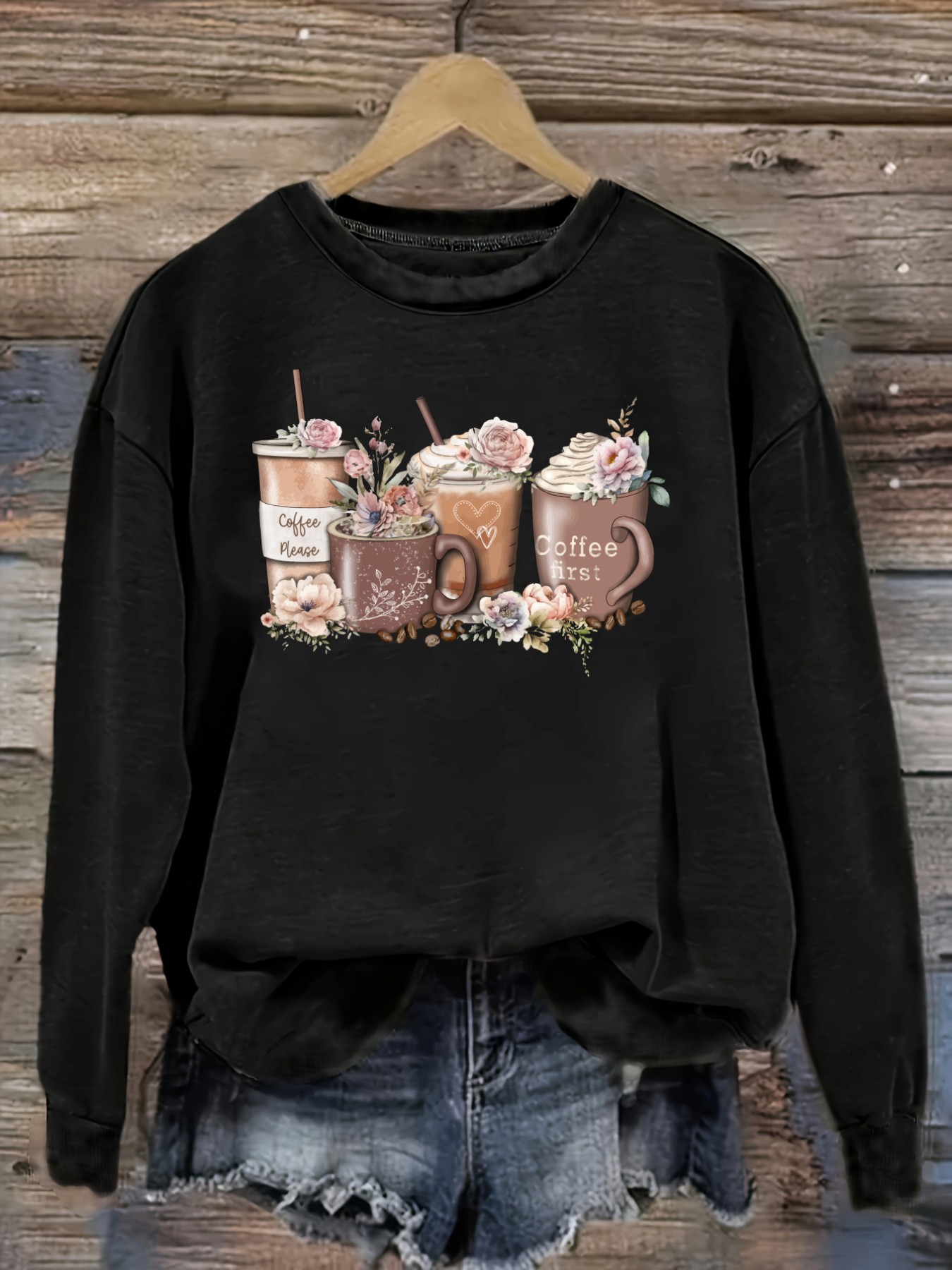 レディースカジュアル長袖クルーネックTシャツ、コーヒーカップ - Coffee&Tea House Menu のレビューと価格