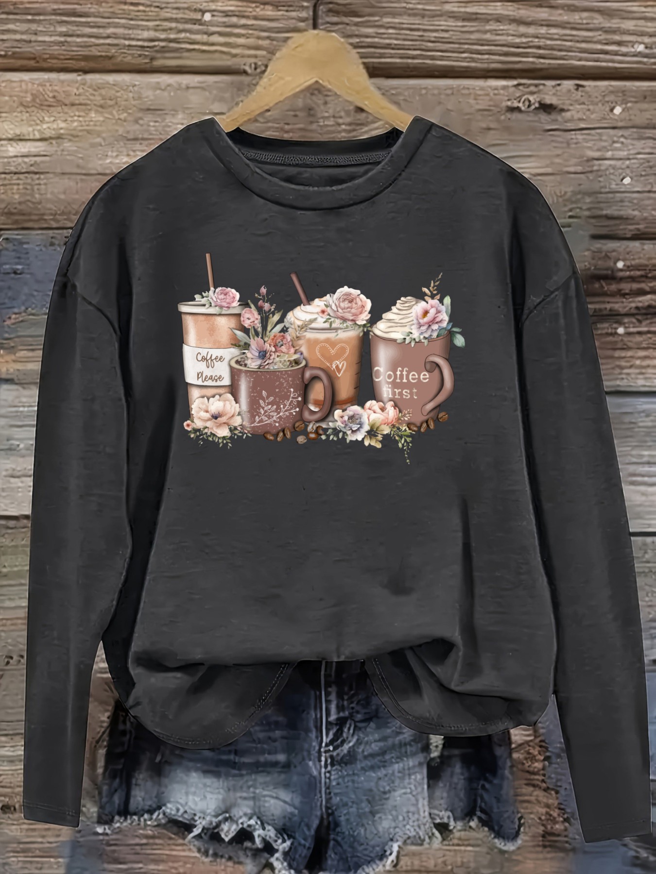 レディースカジュアル長袖クルーネックTシャツ、コーヒーカップ - Coffee&Tea House Menu のレビューと価格