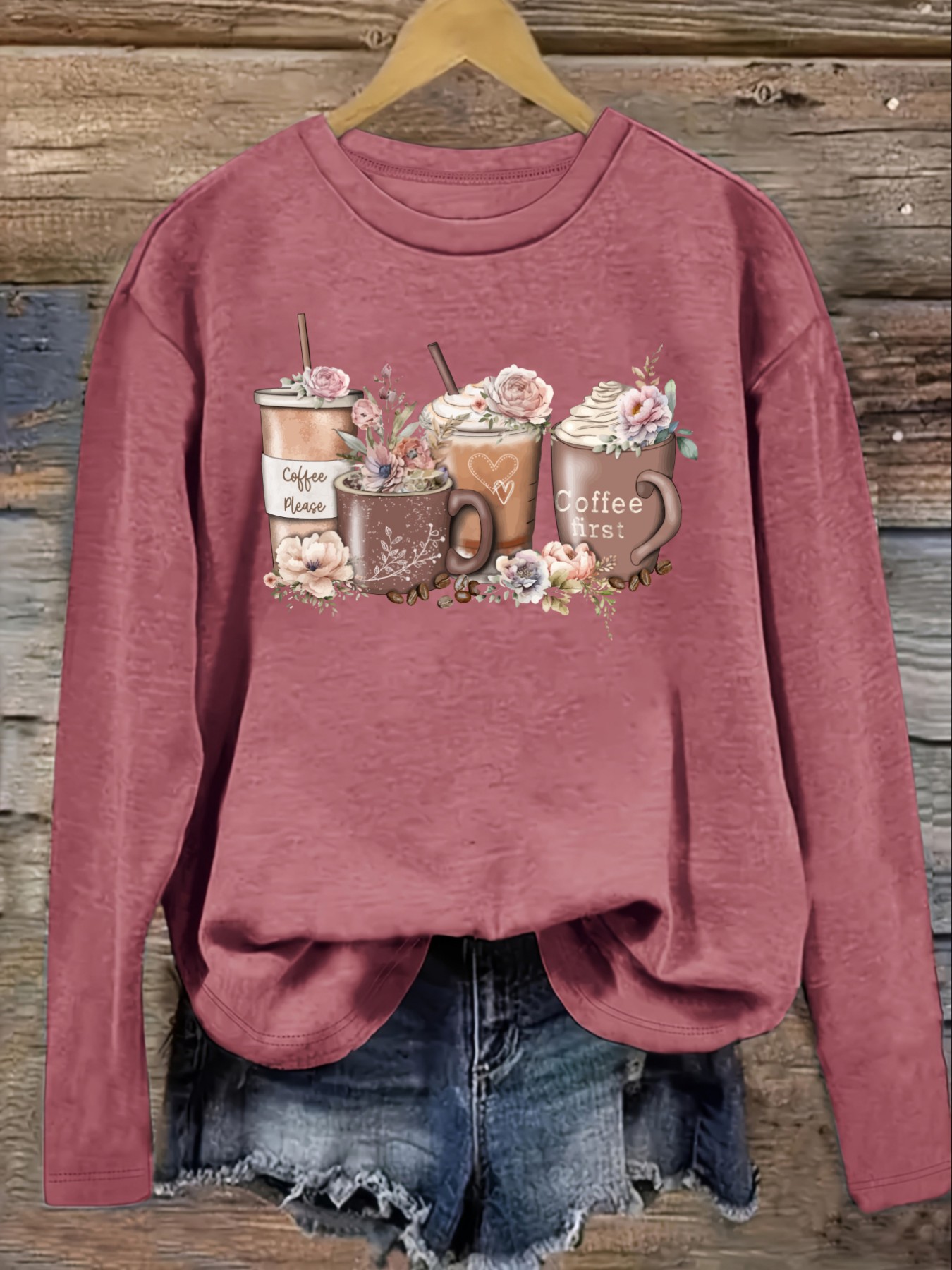 レディースカジュアル長袖クルーネックTシャツ、コーヒーカップ - Coffee&Tea House Menu のレビューと価格