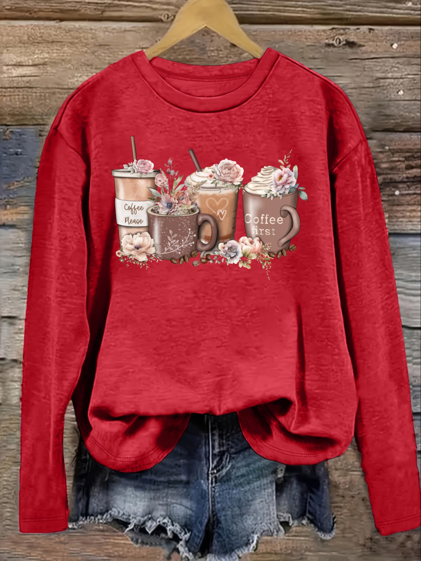 レディースカジュアル長袖クルーネックTシャツ、コーヒーカップ - Coffee&Tea House Menu のレビューと価格