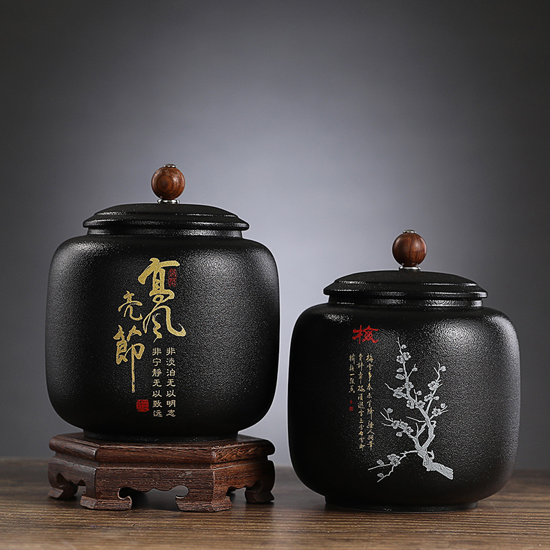 ブラックセラミック密封茶缶金色フォント磁器保存瓶タイ家庭用キ - Coffee Tea Font のレビューと価格