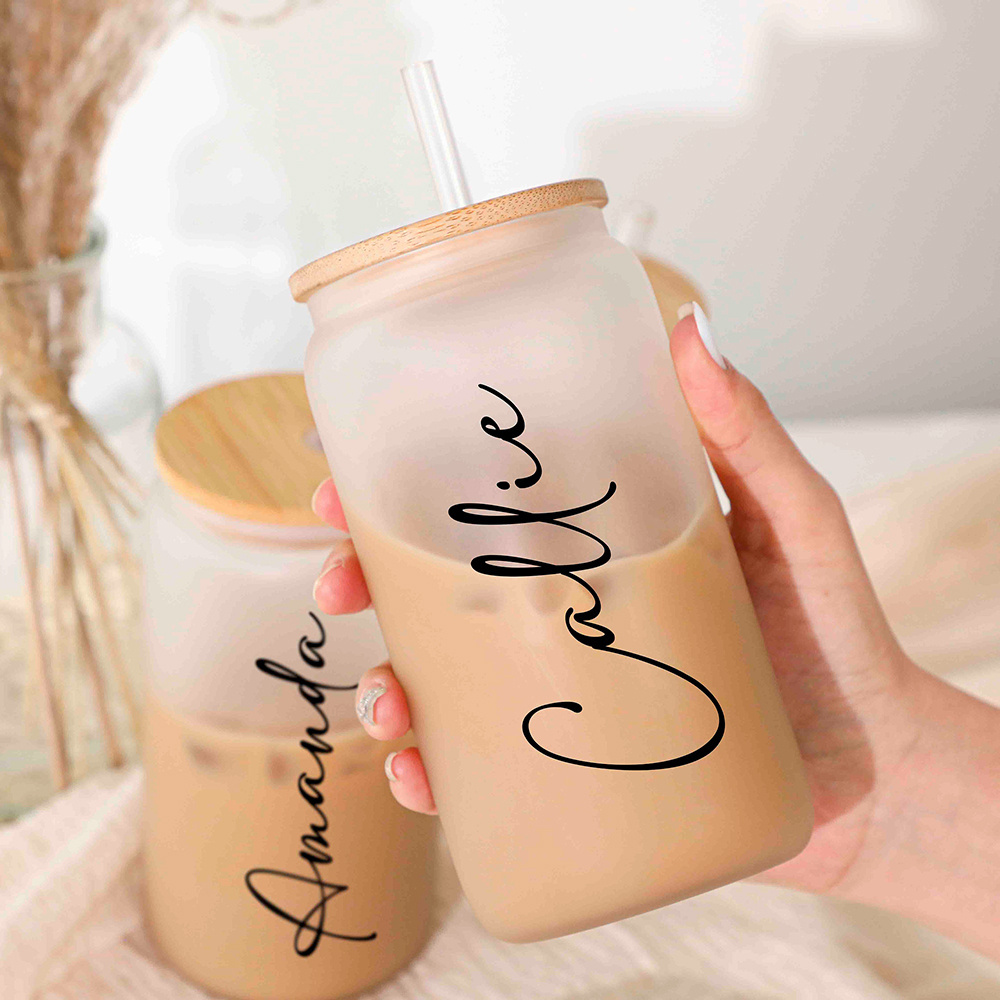 パーソナライズされた名前入り竹製ストロー付きグラスカップ、カ - Coffee Tea Font のレビューと価格